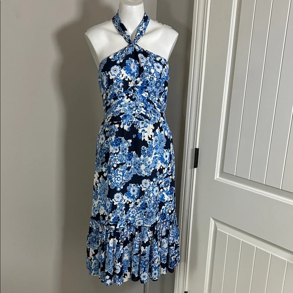 Tory Burch Silk Halter Neck Midi Dress Blue Floral Side Zip Pleated Sz 4 - Picture 2 of 16